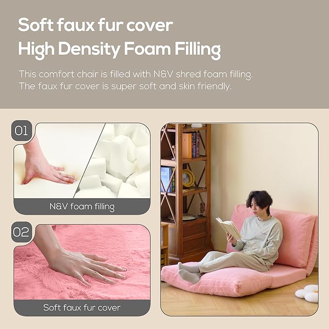 N&V Folding Matress Sofa Bean Bag Bed, Foam Filling Folding Matress Sofa, Includes Removable and Machine Washable Cover, Soft Premium Faux Fur (Small, White)