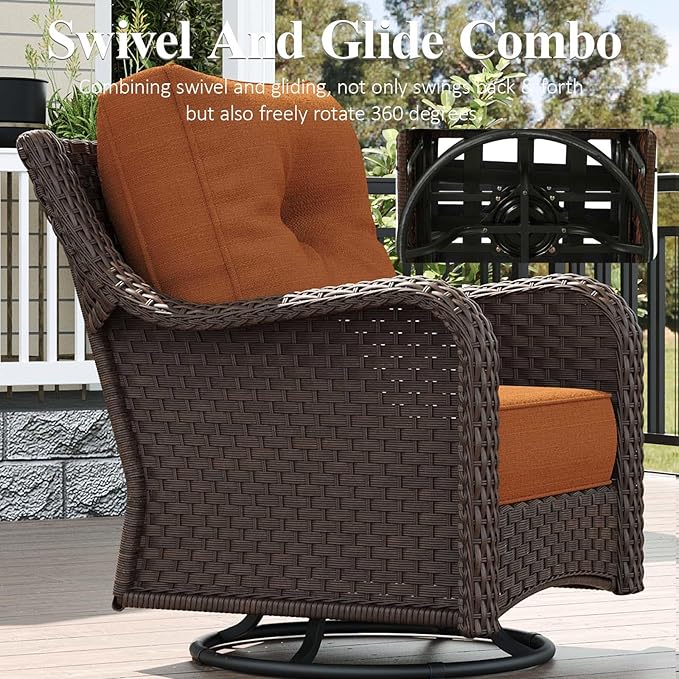 LayinSun 3 Piece Wicker Outdoor Furniture Set with 6-inch Comfy Cushions, High Back Patio Furniture Set with Swivel Rocking Chairs and Side Table