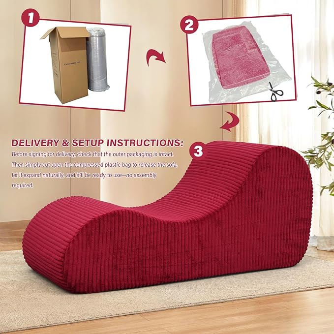 Boneless Oversized High-Density Sponge Soft Sofa Corduroy Chaise Lounge Chair Couch Indoor, Red
