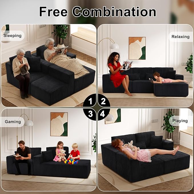HYJT-H&K Modular Sectional Sofa Cloud Sectional Couch, 107" Comfy Fluffy L Shaped Dark Black Couches for Living Room, Deep Seat Memory Foam Plush Corduroy Boneless Couch Sectionals Right Facing Chaise