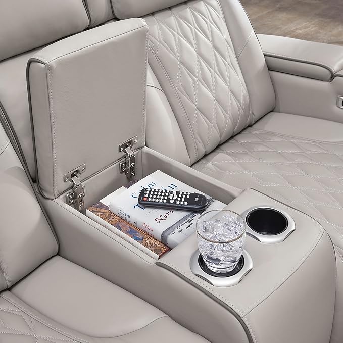 Signature Design by Ashley Boyington Contemporary Leather Match Power Reclining Loveseat with Console and USB Charging Ports, LED Lights and Adjustable Headrest, Light Gray