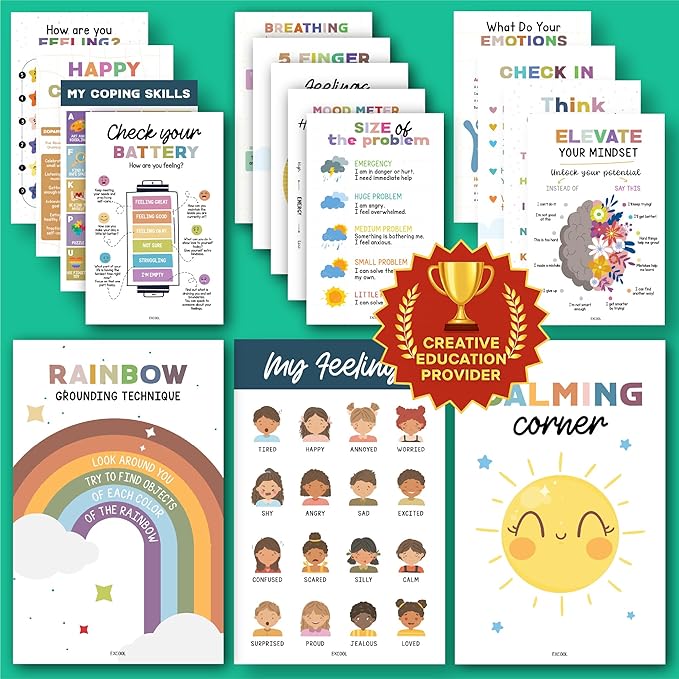 EXCOOL CLUB 16 Calming Corner Posters For Classroom Decor - Feelings Chart For Kids Ages 4-8, Feelings Poster Calm Down Corner Supplies, Elementary Classroom Must Haves For Teacher (11x17)