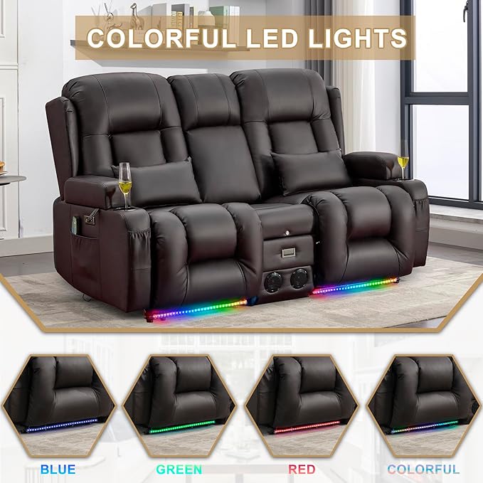 URRED Loveseat Recliner Sofa with Massage and Heat, Power Reclining Loveseat Sofa RV Couch with Console, Home Theater Seating with LED Lights, Bluetooth Speaker, USB, Outlets, Faux Leather, Dark Brown