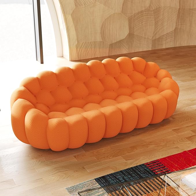 JACH Bubble Curved Couch, 98.43'' Comfy Upholstered Sofa, Mesh Fabric Floor Sofa, 3D Honeycomb Shape Modern Couch for Living Room, Office, Apartment, Small Space (3 Seater, Orange)