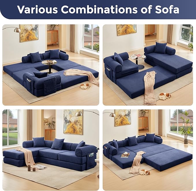 L Shaped Convertible Modular Boneless Sofa Bed with Cylindrical Pillow, Corduroy Folding Floor Sofa Couch Bed with Fixed-Shape Frame & Storage Pocket for Living Room, Blue