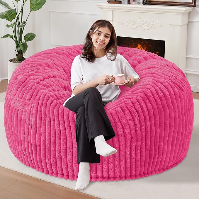Homguava 5 FT Bean Bag Chair,5' Big Bean Bag,Giant Bean Bag Chairs for Adults with Memory Foam Filled,Comfy Large Beanbag Chairs Soft Bean Bag Sofa with Dutch Corded Plush Cover-Pink