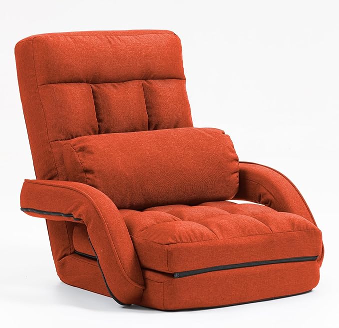 Indoor Floor Chair with Armrest and Pillow Folding Chaise Lounge Sofa 14-Position Adjustable Comfy Gaming Recliner Chair Padded Seats for Adults (Orange)