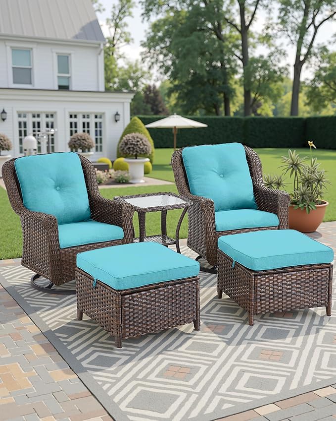 ACTREST 3 Piece Patio Swivel Chairs and Side Table Set - High Back Outdoor Brown Wicker Rattan Rocking Glider with Thick Cushions for Porch Apartment Deck Yard Poolside Garden - Turquoise