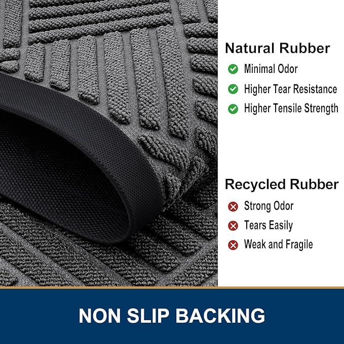 Smiry Front Door Mat Outside Entrance, Heavy Duty Outdoor Indoor Natural Rubber Doormat, Non Slip, Trap Dirt and Moisture, Easy Clean, Low Profile Patio Porch Entryway Mat, 59x23, Grey