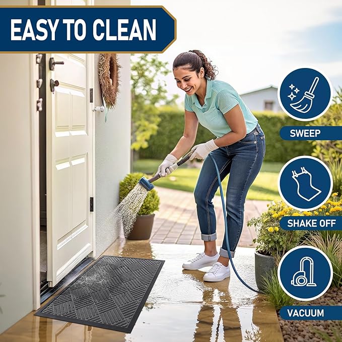 Smiry Front Door Mat Outside Entrance, Heavy Duty Outdoor Indoor Natural Rubber Doormat, Non Slip, Trap Dirt and Moisture, Easy Clean, Low Profile Patio Porch Entryway Mat, 29.5x17, Grey
