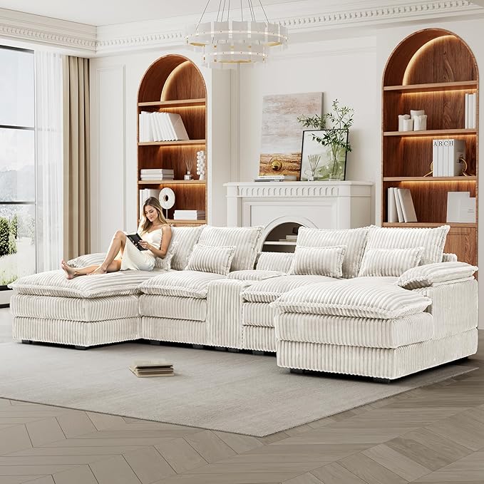 HYJT-H&K 124" U Shaped Cloud Couch Sectional, Comfy Plush Fluffy Corduroy White Sectional Couches for Living Room, Modern Modular Corduroy Couch Sectionals with Central Console & Double Chaise