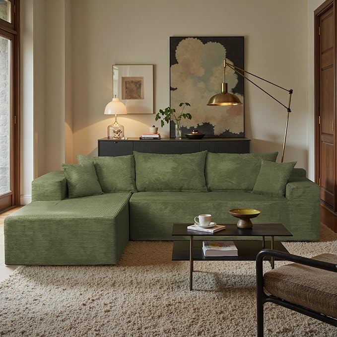Sectional Cloud Boneless Couch for Living Room Bedroom, Comfy Modern L Shaped Modular Sofa with Left Facing Chaise, Deep Seat Memory Foam Couch in Box, No Assembly (Fine Striped Corduroy, Green)