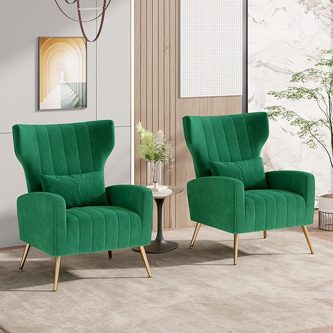 Nalupatio Modern Accent Chairs for Set of 2 Upholstered Velvet Fabric Reading Chair Mid Century Arm Chair Comfy Armchair for Living Room,Green