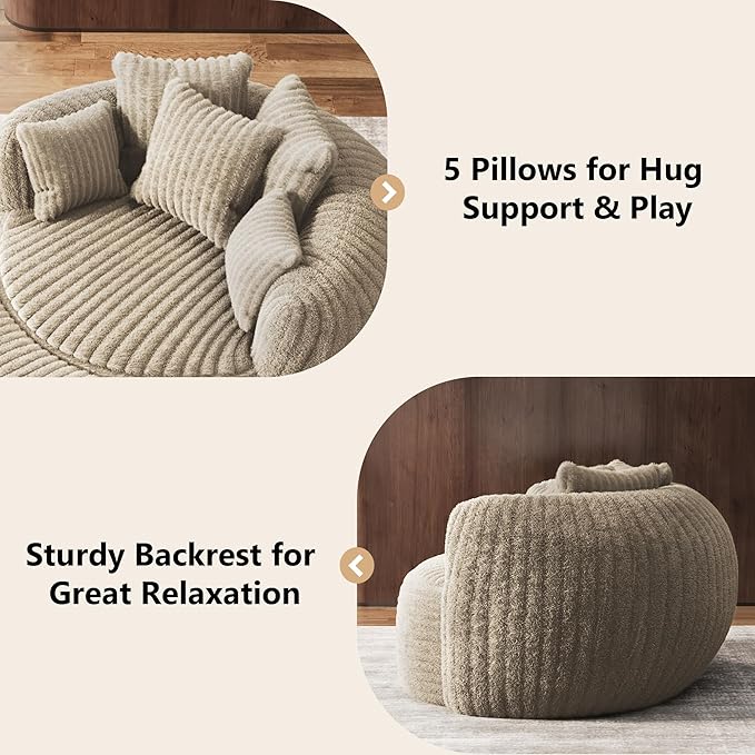 Oversized Chaise Lounge Chair Indoor with Ottoman 50.5" W x 67.0" D Round Soft Corduroy Comfy Oversized Reading Chair with 5 Pillows for Living, Reading Room - Camel