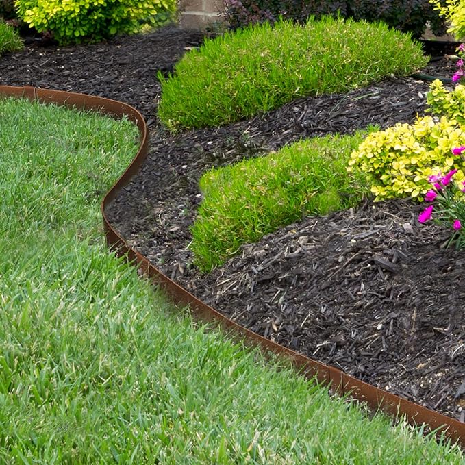 Worth Garden 10-Pack Corten Steel Landscape Lawn Edging - 4.5in H Rust Patina Finish Bendable Metal Strips - Hammer-in Pre-Rusted Border w/ 11 Clips - Yard Pathway Divider (33Ft Total)
