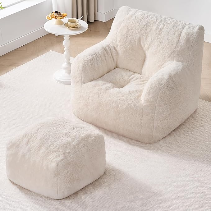 ONBRILL Giant Bean Bag Chairs for Adults with Ottoman, Faux Fur Boneless Chaise Couch Filler with Memory Foam,Large BeanBag Lounge Lazy Floor Sofa Accent Chair for Living Room,Bedroom & Game Rooms