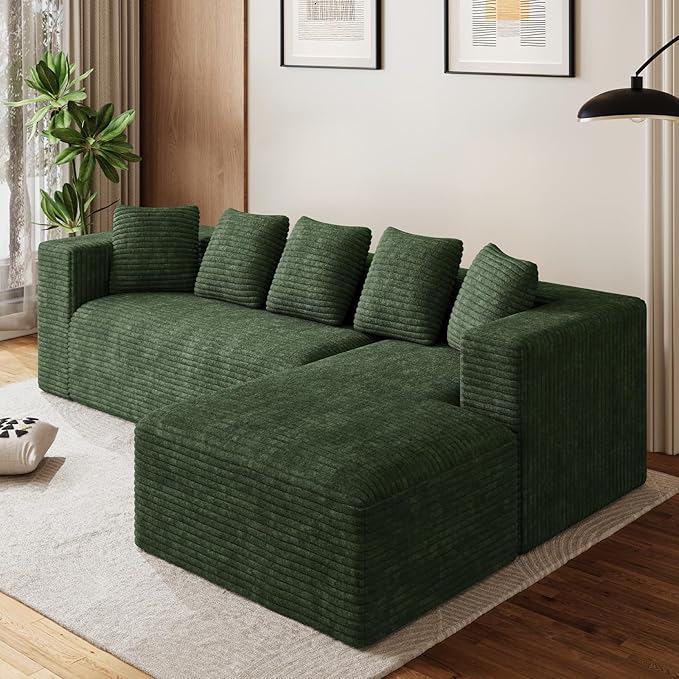 Modular Sectional Sofa, 107" L Shaped Cloud Couch Plush Corduroy Deep Seat Boneless Sofas with 5 Pillows Long Chaise Lounge Couches Memory Foam for Living Room - Green, Right Facing Chaise