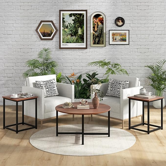 Giantex Round Nesting Table Set of 3, Farmhouse Coffee Table w/2 End Tables, Sturdy Metal Frame, 3-Piece Wooden Living Room Table Set for Home Office, Apartment (Walnut & Black)