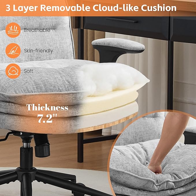 Criss Cross Chair with Flip-up Arms, Wide Criss Legged Chair with 3 Layer Cushion, Ergonomic Office Desk Chair with Wheels, Swivel Vanity Chair for Office, Living Room, Bedroom, Chenille Grey