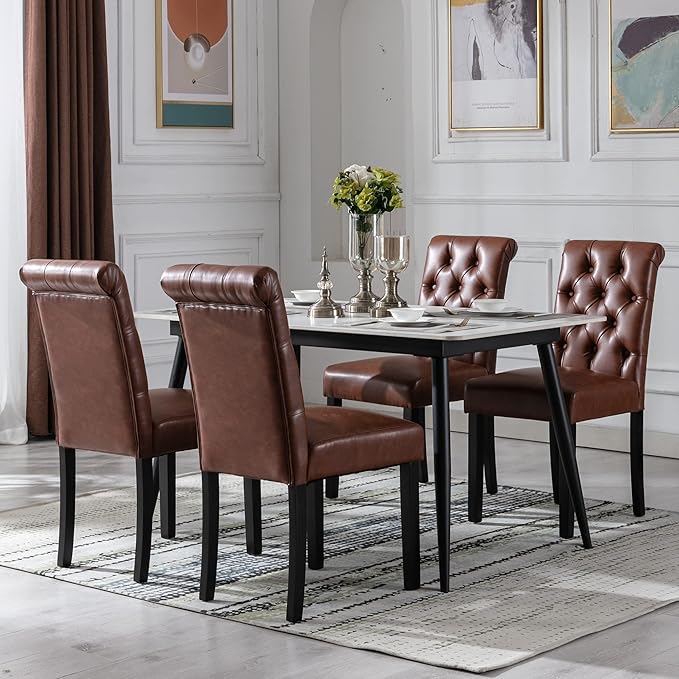 chairus Dining Chairs Set of 6 Mid Century Modern Living Room Chairs with Button Tufted High Back PU Leather Armless Chair Comfy Upholstered Side Chairs for Kitchen/Restaurant/Bedroom, Brown