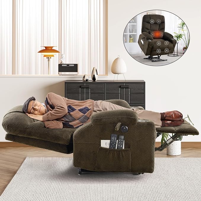 CDCASA Oversized Dual Motor Lay Flat Power Lift Recliner Chair with Massage, Heating, Textile Infinite Position Large Recliner Chairs for Big & Elderly People, USB & Type-C Ports, Brown