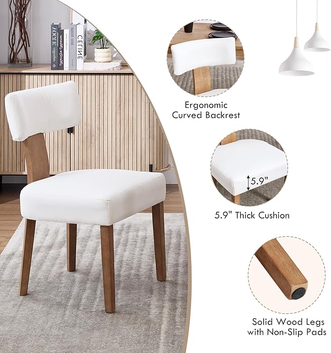 KHISCHMO Mid Century Modern Dining Chairs, Upholstered Linen Fabric Chairs with Curved Backrest and Wood Legs, Comfy Kitchen Vanity Chair for Dining Room/Living Room/Kitchen, Set of 2 Cream