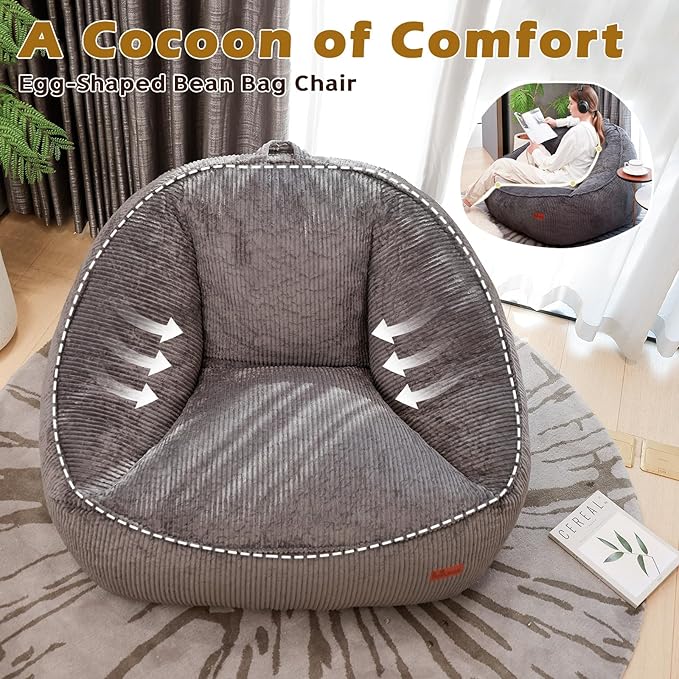 Bean Bag Chair, Cozy Fluffy Beanbag Chairs with Filler for Teens and Kids, Floor Lazy Sofa for Living Room, Gaming & Reading（M-Dark Grey）