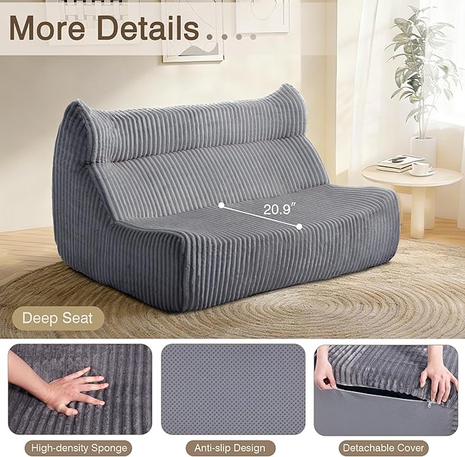 Big Bean Bag Chairs, Lazy Floor Sofa, Fireside Chair for Living Room, Bedroom, Office (Grey, Loveseat)