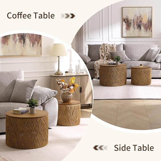 LZAREAL Farmhouse Round Coffee Table with Storage Boho Living Room Table with Lifting Top Hand-Woven Rattan Nesting Coffee Tables for Living Room, Walnut