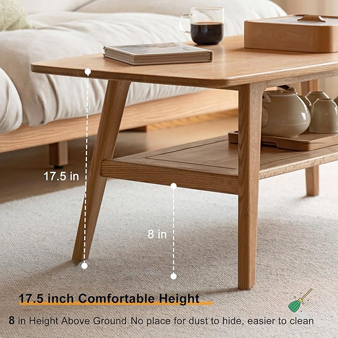 QKFF Modern Solid Wood Coffee Table, 2-Tier Small Wooden Coffee Table with Storage Shelf for Living Room, Apartment, Office, Natural (40''D x 20''W x 18''H)