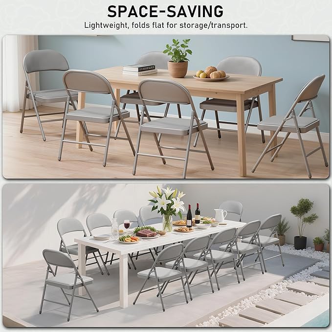 SEALAMB 16 Pack Grey Folding Chairs with Padded Seats & Cushion, Durable Metal Foldable Chairs for Wedding Party, Commercial Chairs for Office School Church Events, 330lb Capacity (Grey-PU, 16 Pack)