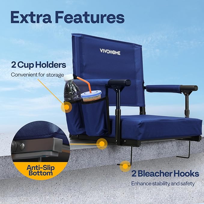 VIVOHOME Stadium Seats with Back Support and Cushion, 2 Pack Portable Bleacher Chairs with Cup Holder and Shoulder Strap