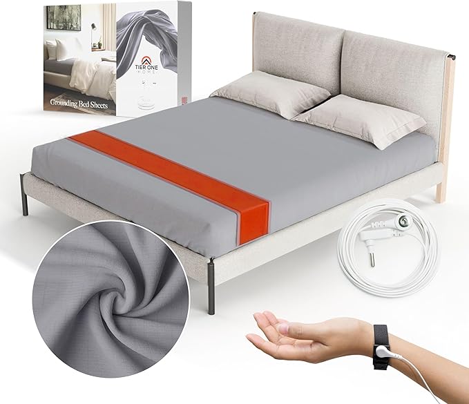 Tier One Home Fitted Grounding Sheets for Earthing, 5% Silver Fiber + 95% Certified Organic Cotton for Better Sleep and Pain Relief. Deep Pockets. Includes Grounding Wristband & Cords (Cali-King)