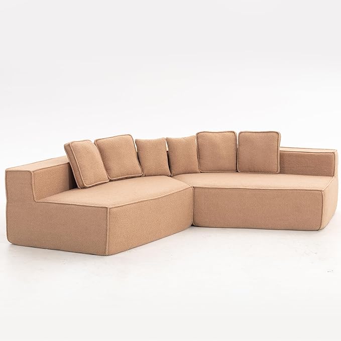 EPOFIT 132'' Oversized Teddy Fleece Modular 2-Seater Sofa, Compressed All-Foam Floor Couch with 6 Cushions, Low-Profile Cozy Sectional Sofa for Living Room & Apartment – Brown