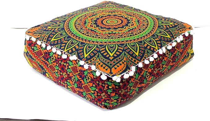CRAFT KALA Large Hippie Mandala Meditation Floor Ottoman Pillow Cushion Pouf Cover Square Poufs Bohemian Circle Floor Cushion Case Outdoor Fireplace Yoga Living Room Decor Cover New Blue, 16" Square