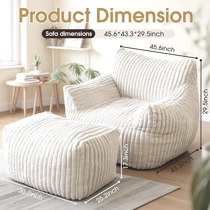 Giant Bean Bag Chair with Ottoman, Oversized Plush Comfy Bean Bag Sofa for Adults and Kids, Memory Foam Mini Couch Single Lounges for Living Room, Bedroom & Game Room(Beige)