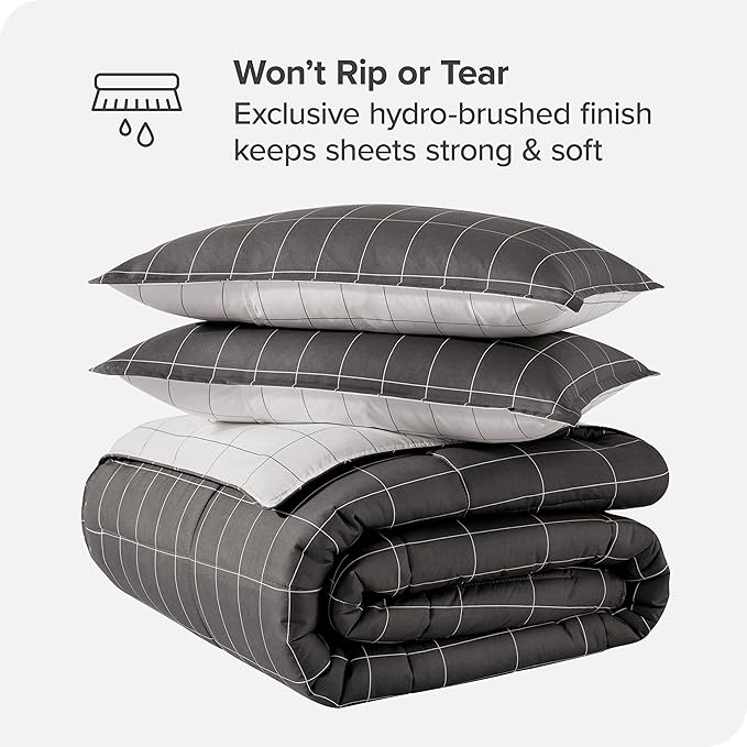 Bare Home Bed-in-A-Bag 7 Piece Comforter & Sheet Set - Queen - Goose Down Alternative - Ultra-Soft 1800 Premium Bedding Set (Queen, Grid - Grey/White Comforter Set, White Sheet Set)
