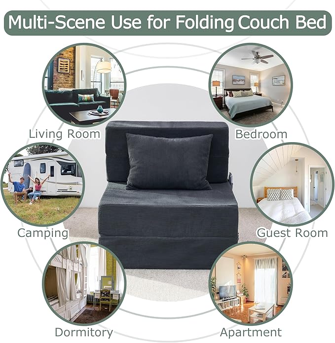 HILERO Folding Sofa Bed, 4 in 1 Convertible Sleeper Chair with Pillow, Single Memory Foam Fold Out Chair Bed, Modern Floor Futon Sofa Couch Mattress for Living Room/Guest/Apartment, Dark Grey
