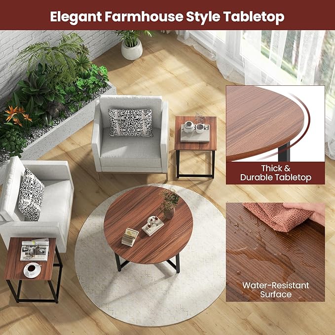 Giantex Round Nesting Table Set of 3, Farmhouse Coffee Table w/2 End Tables, Sturdy Metal Frame, 3-Piece Wooden Living Room Table Set for Home Office, Apartment (Walnut & Black)