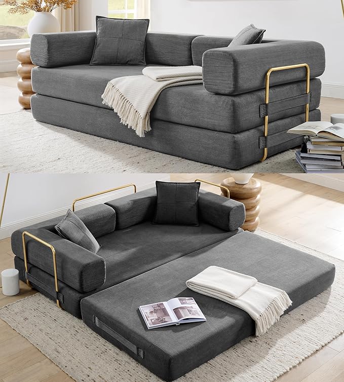 78" Convertible Sleeper Sofa Bed, Corduroy Folding Sofa Bed with Fixed-Shape Frame, Fold Out Floor Mattress Couch, Lazy Compression Sofas for Living Room, Bedroom, No Assembly Required, Grey