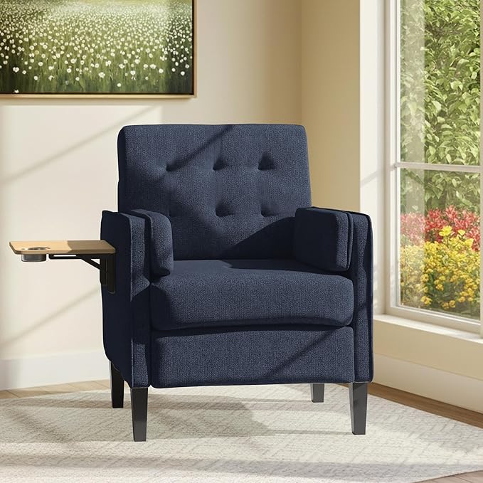 Chenille Accent Chair, Mid Century Modern Arm Chair with Foldable Wooden Side Table & Cup Holder - Comfy Reading Chair for Bedroom,Living Room Chairs,Sofa Chair Set of 2,Navy Blue