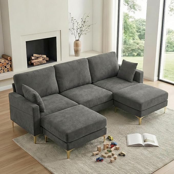 VINGLI 100" W U Shaped Couch with Ottoman, 22" Deep Seat Comfortable Sectional Couches for Living Room, 3 Seater Chenille Fabric Cloud Sofa for Apartment, Small Spaces, Bedroom, Grey