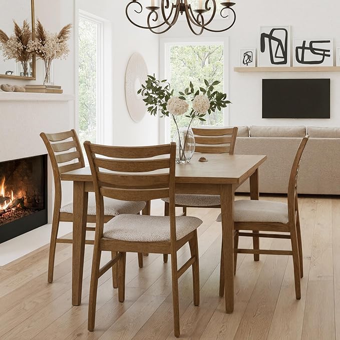 HNY Modern Farmhouse Dining Chairs Set of 4, White Sherpa Boucle Upholstered Seat Kitchen Chairs, Rustic Industrial Armless Side Chairs with Brown Wooden Frame for Dining Living Room Restaurant