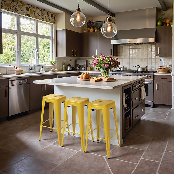 Furmax 30 Inch Metal Bar Stools Set of 4, Counter Height Backless Stools, Industrial Bar Chairs Patio Stool Stackable Backless Stool for Kitchen/Dining Room/Bistro/Patio Indoor Outdoor (Yellow)