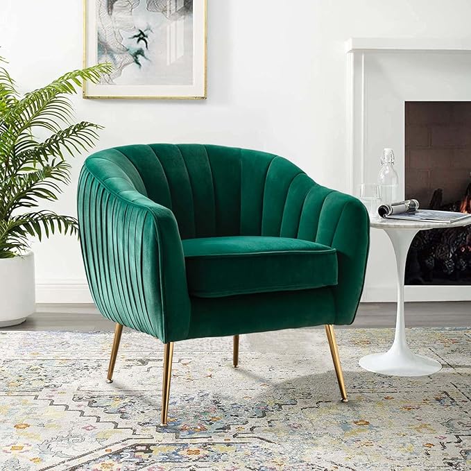 Altrobene Velvet Accent Chair, Modern Barrel Arm Chair with Golden Finished Metal Legs for Living Room and Bedroom, Christmas Green