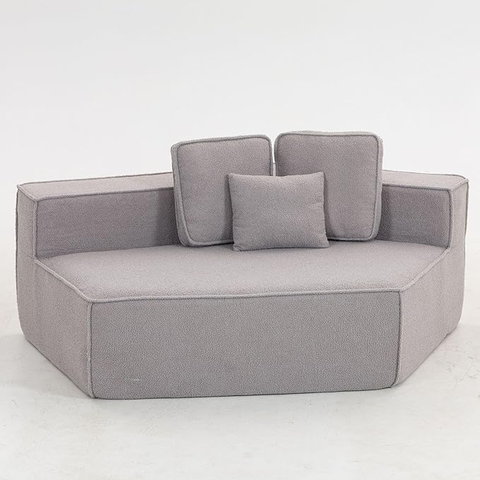 EPOFIT 1-Seater Teddy Fleece Modular Sofa Chair, Low-Profile Floor Seat with Wide Cushion and All-Foam Support, Right-Facing Design, Compressed Packaging – Grey
