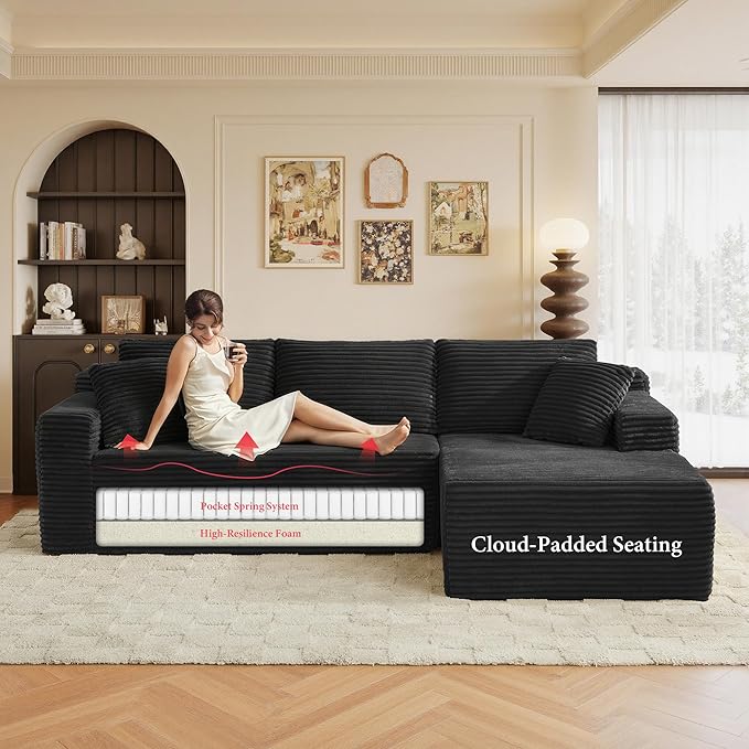 105" Sectional Couches for Living Room Cloud Couch Sofa with L-Shape Upholstered Boneless Couchs Modern Modular Sectional Couch with Chaise (Black, 105" W+Right Facing Chaise+2Seaters)