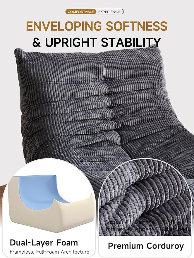ZCUBED Large Bean Bag Chairs for Adults, Memory Foam Lounge Chair, Soft Corduroy Big Bean Bag Chair Lazy Sofa, Comfy Floor Beanbag Chair Single Sofa for Bedroom Living Room Fireside Book Nook, Grey