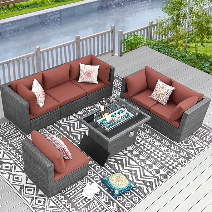 RADIATA 7 Piece Wicker Patio Furniture Set with Fire Pit, All-Weather Outdoor Sectional Couch High Back Large Size, Modular Backyard Seating Sofa Set with Propane/Natural Gas Firepit Table, Grey&Red