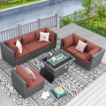 RADIATA 7 Piece Wicker Patio Furniture Set with Fire Pit, All-Weather Outdoor Sectional Couch High Back Large Size, Modular Backyard Seating Sofa Set with Propane/Natural Gas Firepit Table, Grey&Red